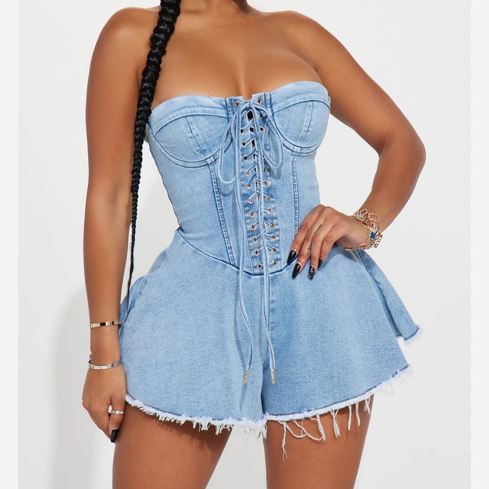 Fashion Nova Blue Denim Corset jumper SZ. Large - Picture 2 of 12